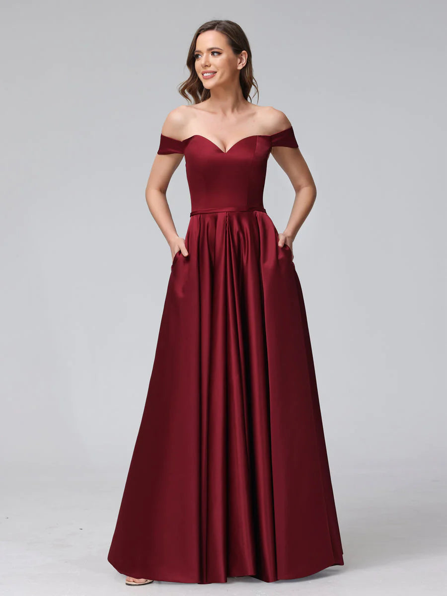 A-Line Off-The-Shoulder Sweetheart Satin Maxi Dresses With Pockets