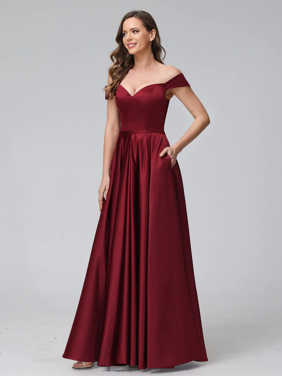 A-Line Off-The-Shoulder Sweetheart Satin Maxi Dresses With Pockets