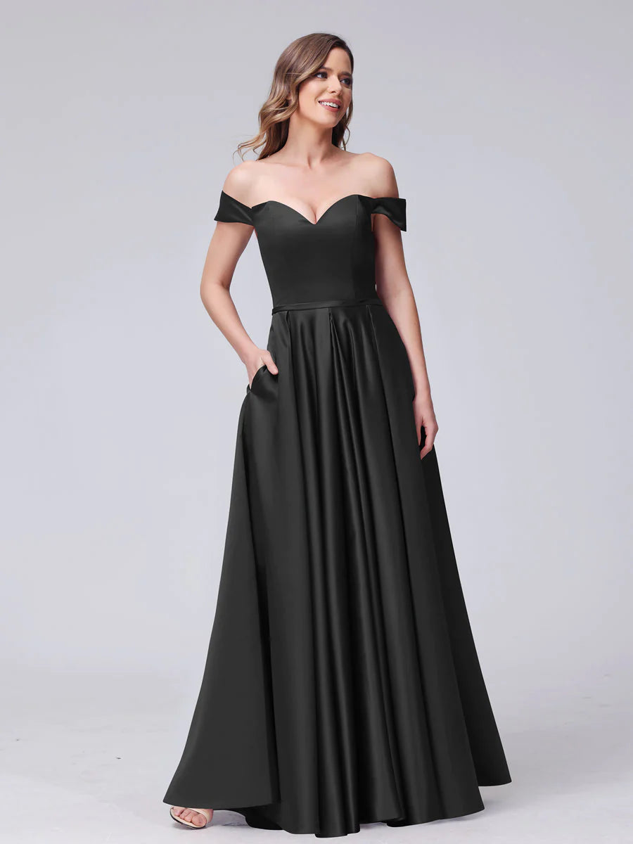A-Line Off-The-Shoulder Sweetheart Satin Maxi Dresses With Pockets