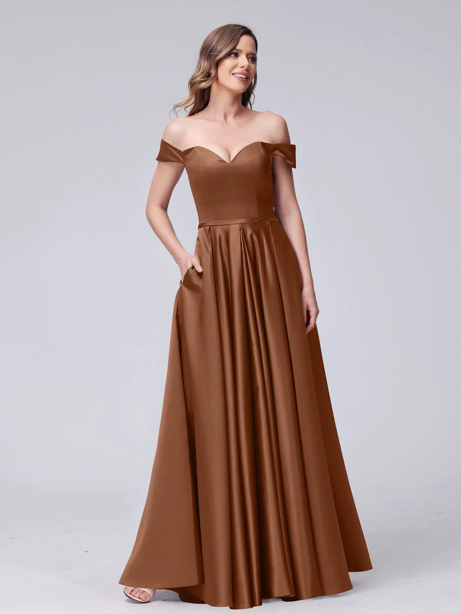 A-Line Off-The-Shoulder Sweetheart Satin Maxi Dresses With Pockets