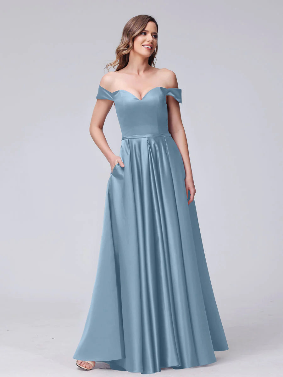 A-Line Off-The-Shoulder Sweetheart Satin Maxi Dresses With Pockets