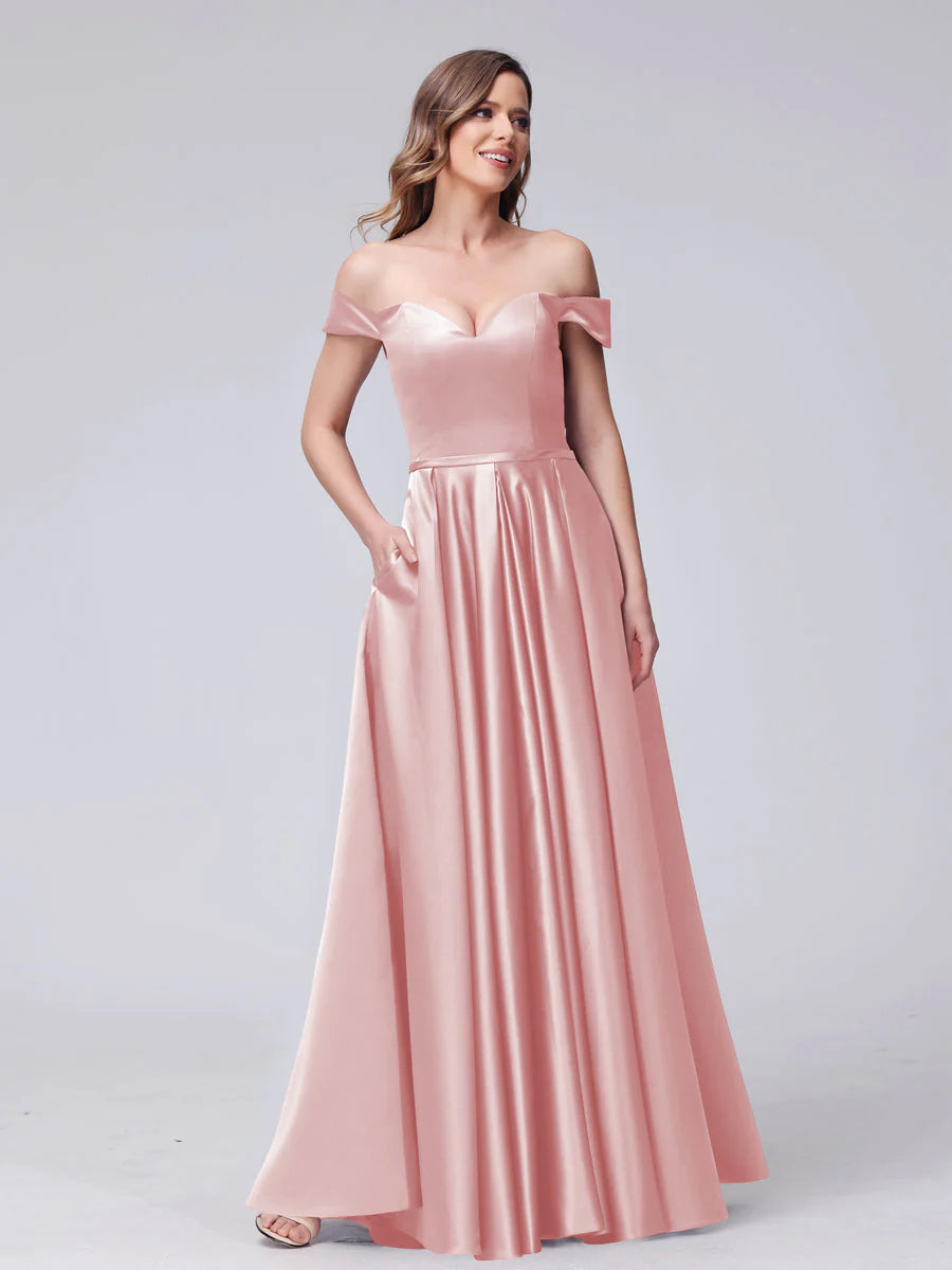 A-Line Off-The-Shoulder Sweetheart Satin Maxi Dresses With Pockets