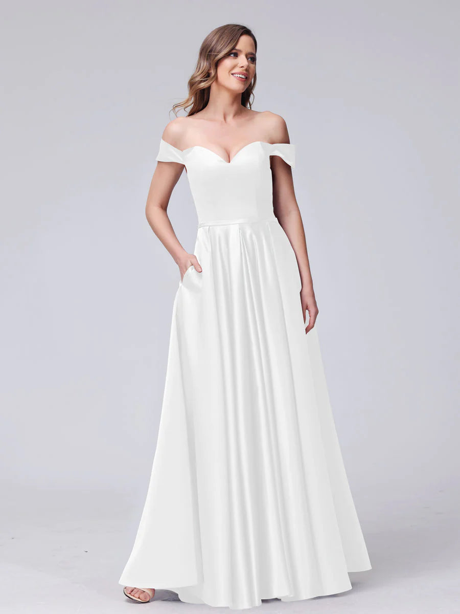 A-Line Off-The-Shoulder Sweetheart Satin Maxi Dresses With Pockets
