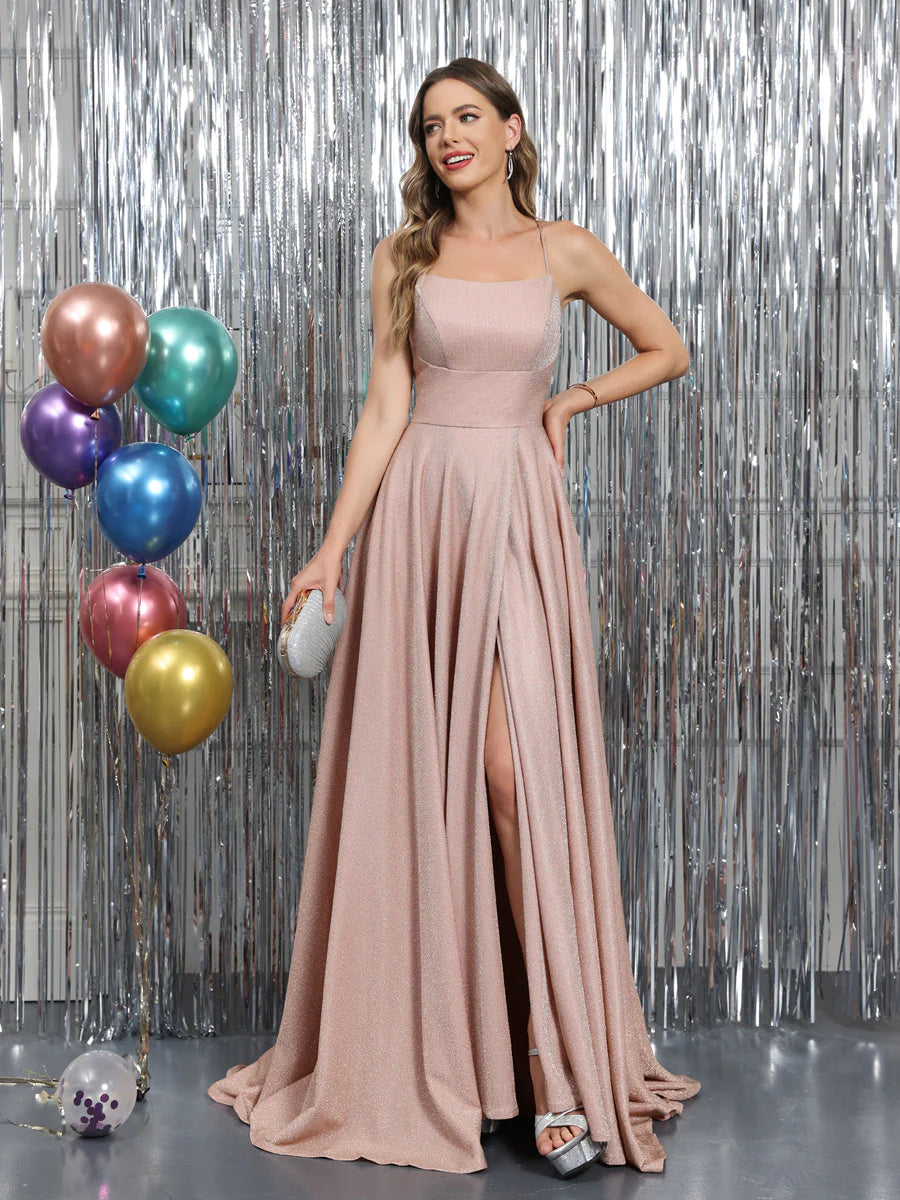 A-Line Sleeveless Metallic Lurex Long Prom Dresses With Spaghetti Straps