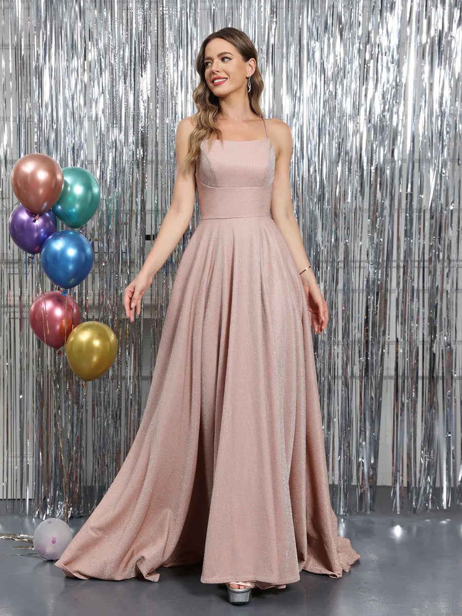 A-Line Sleeveless Metallic Lurex Long Prom Dresses With Spaghetti Straps