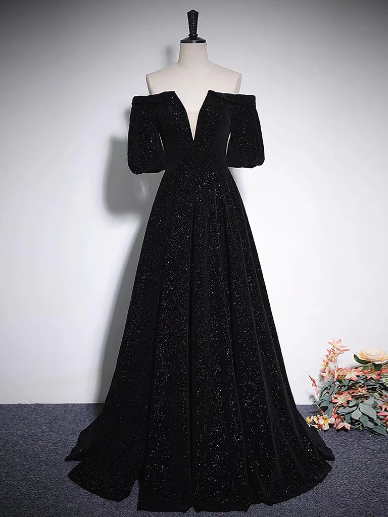 A-Line V Neck Velvet Black Long Prom Dress