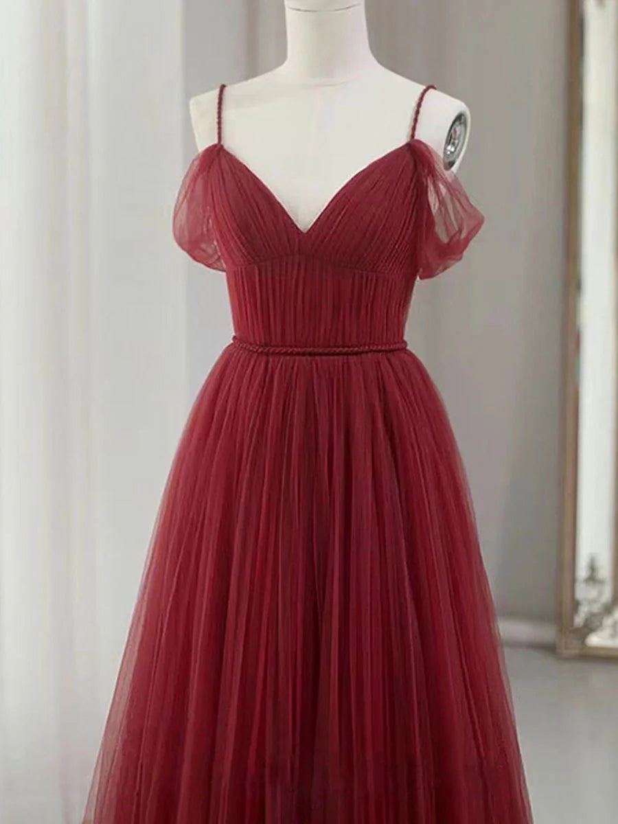 V neck Tulle Burgundy Long Prom Dress Burgundy Tulle Formal Dresses