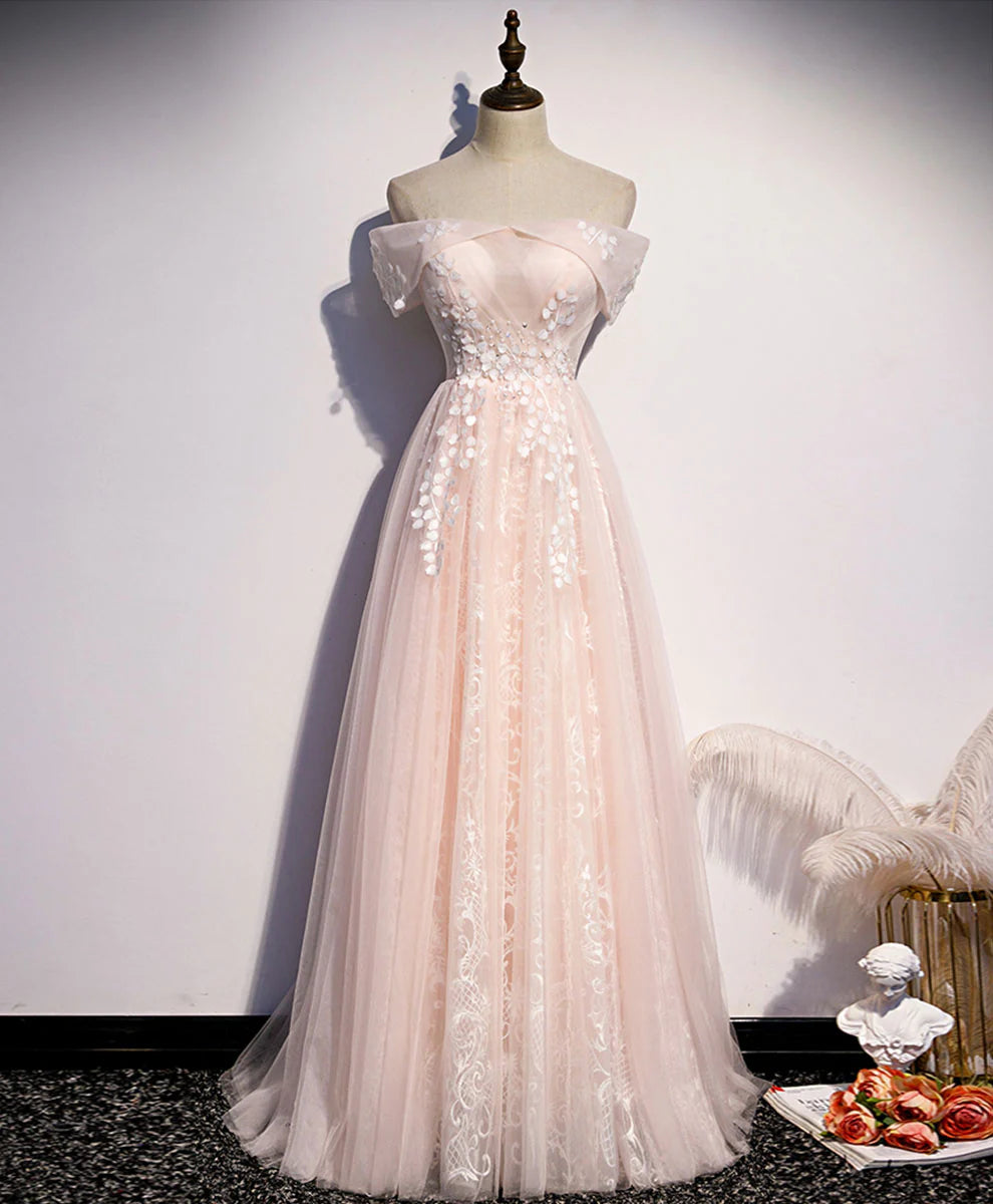 Tulle Lace Long Prom Dress Pink Tulle Lace Formal Dress