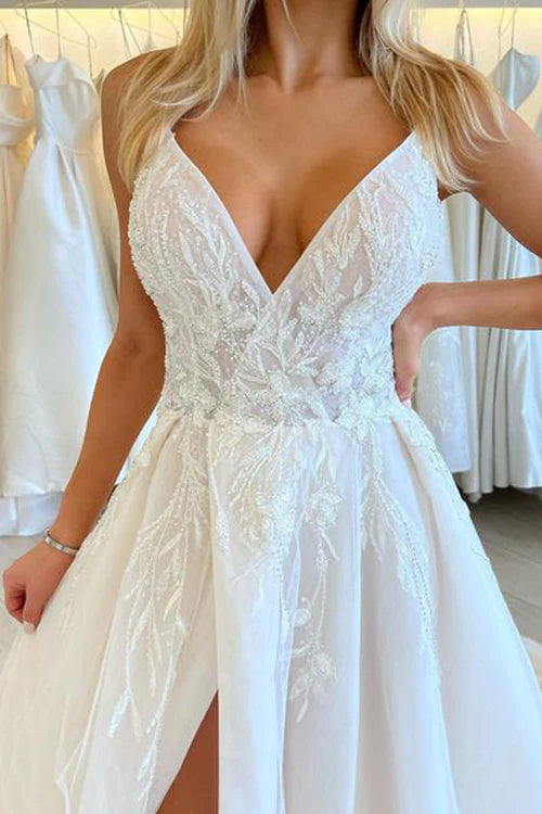 A Line V Neck Organza Long Wedding Dresses with Appliques