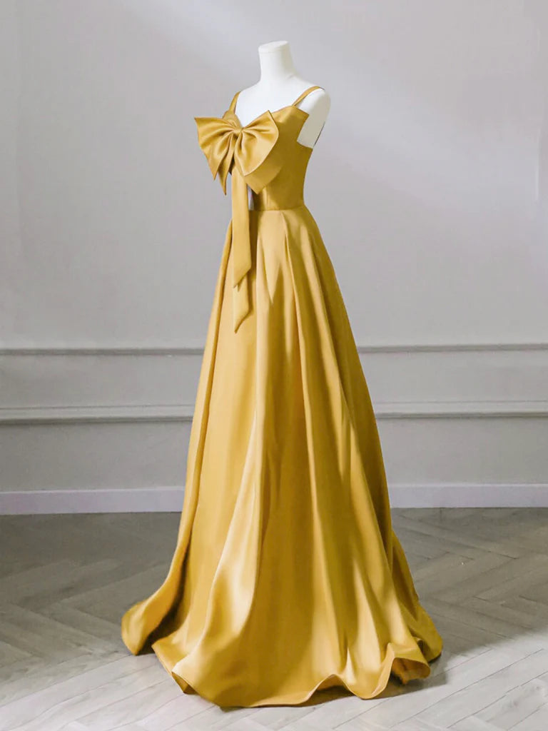A-Line Sweetheart Neck Satin Yellow Long Prom Dress