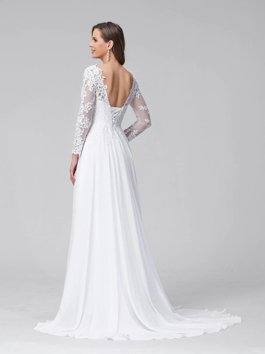 A-Line V-Neck Long Sleeves Long Chiffon Wedding Dresses With Lace Applique