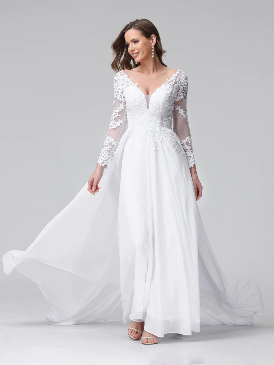 A-Line V-Neck Long Sleeves Long Chiffon Wedding Dresses With Lace Applique