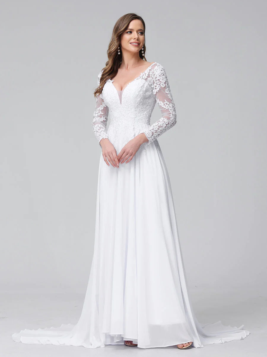 A-Line V-Neck Long Sleeves Long Chiffon Wedding Dresses With Lace Applique