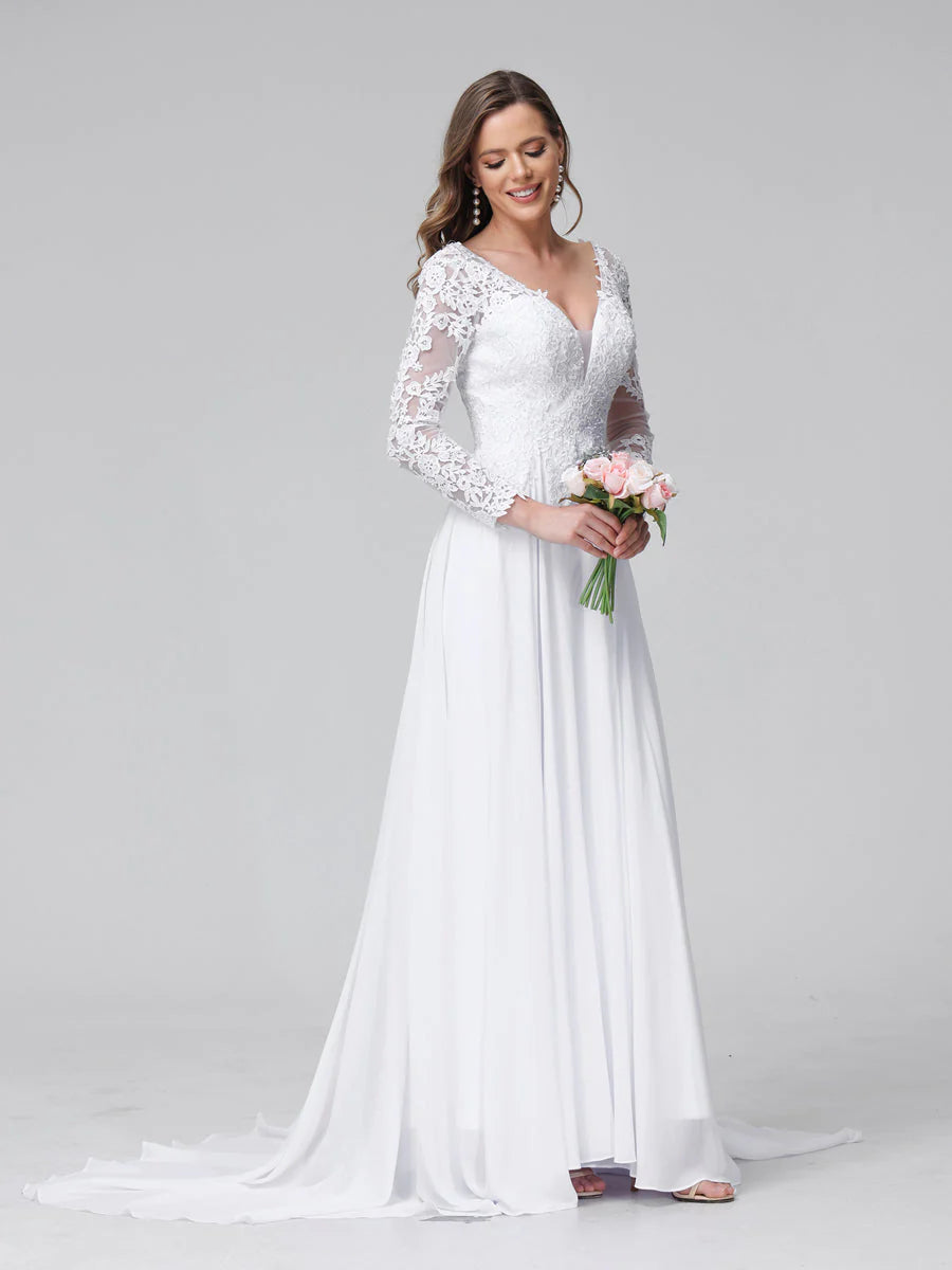 A-Line V-Neck Long Sleeves Long Chiffon Wedding Dresses With Lace Applique