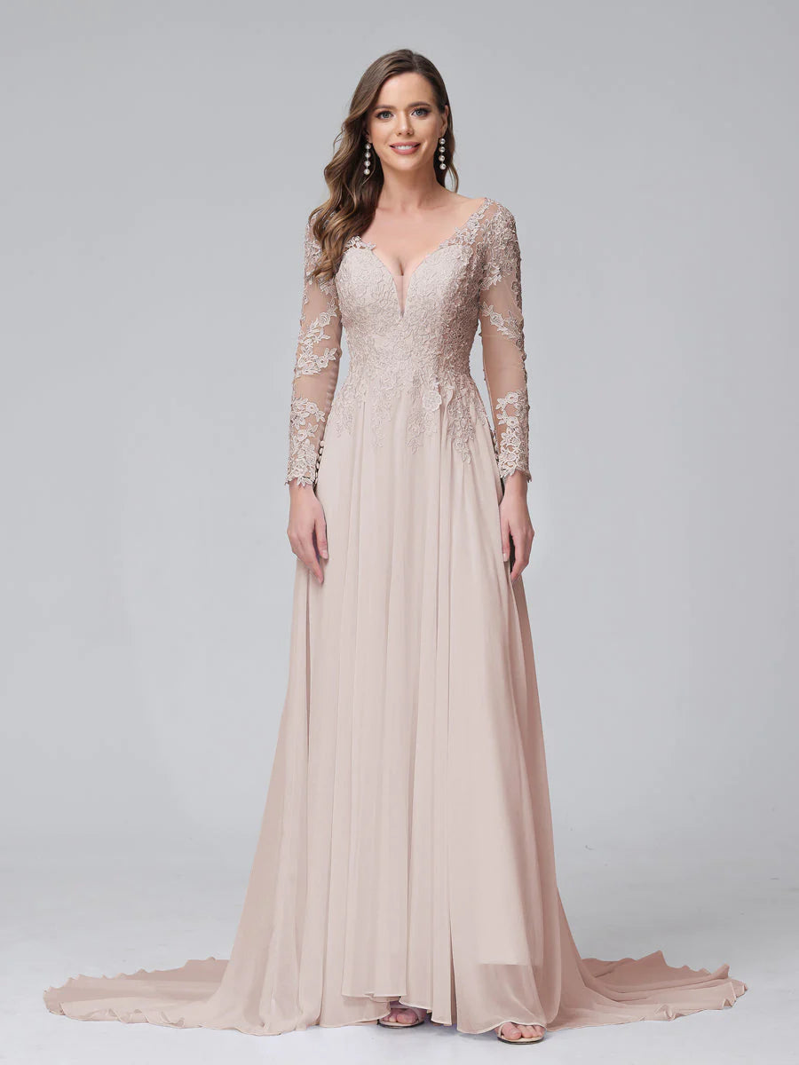 A-Line V-Neck Long Sleeves Long Chiffon Wedding Dresses With Lace Applique