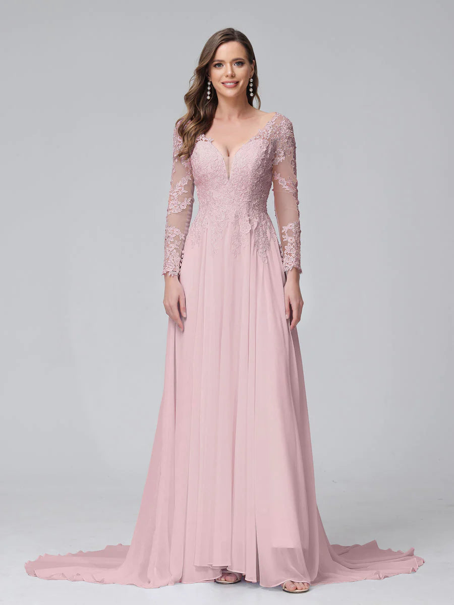 A-Line V-Neck Long Sleeves Long Chiffon Wedding Dresses With Lace Applique