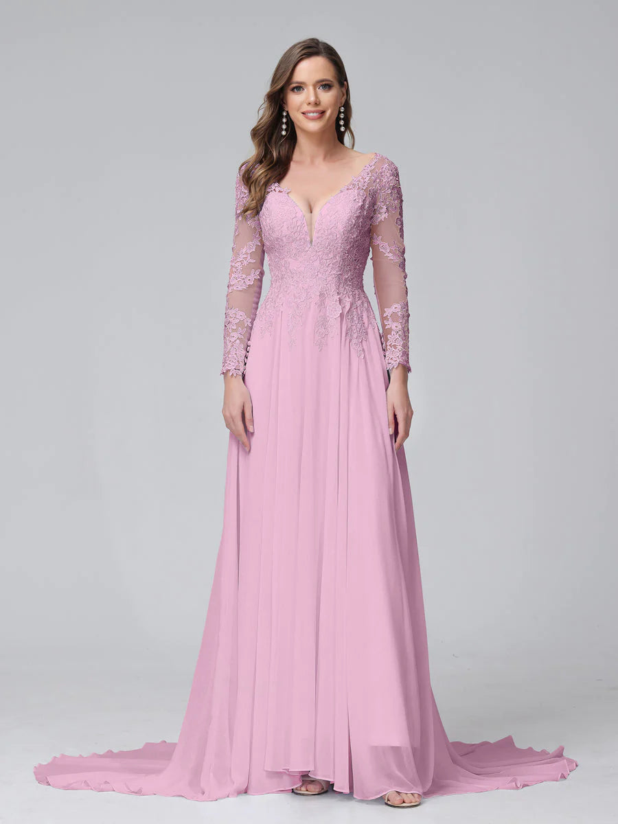 A-Line V-Neck Long Sleeves Long Chiffon Wedding Dresses With Lace Applique