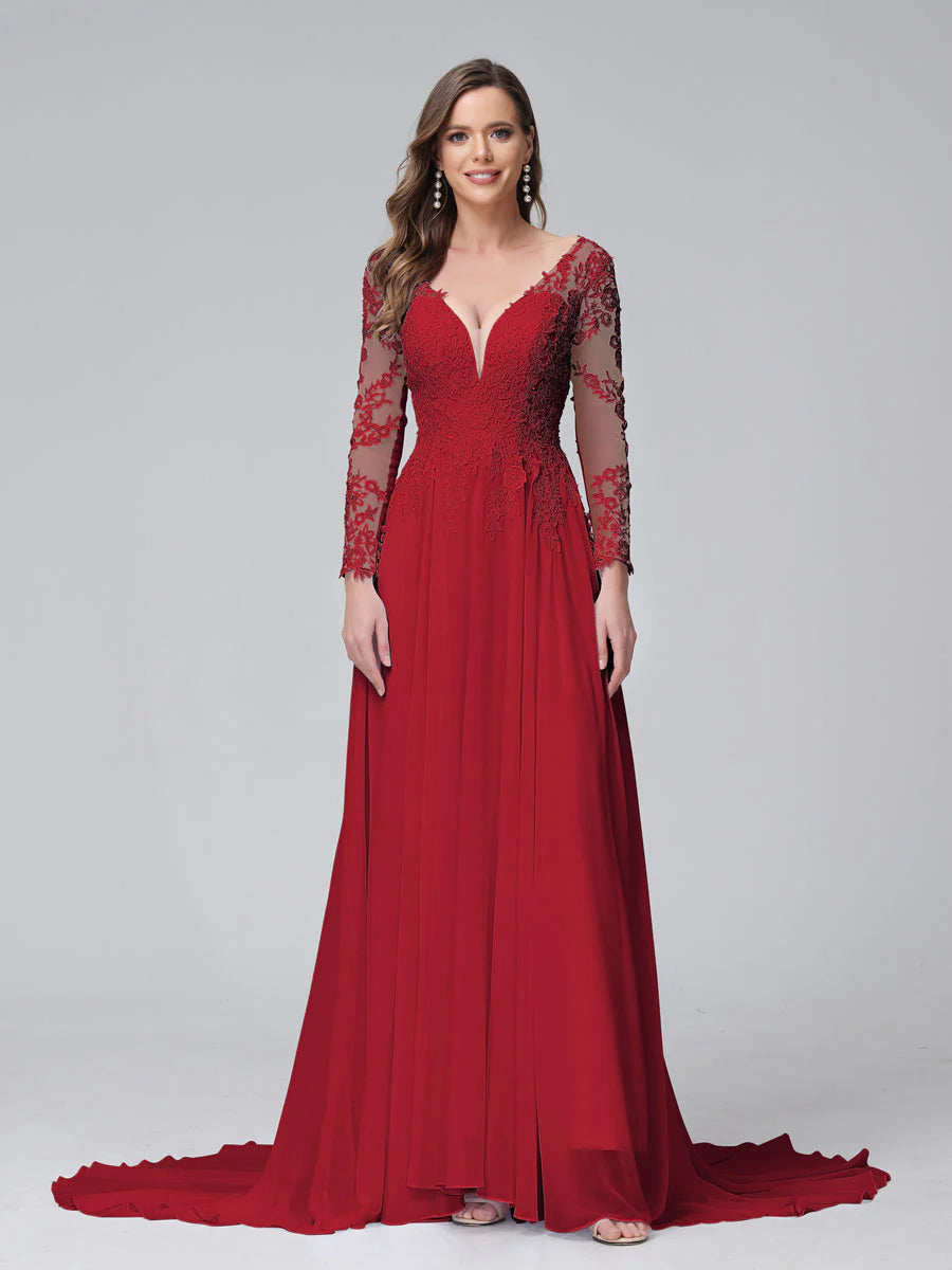 A-Line V-Neck Long Sleeves Long Chiffon Wedding Dresses With Lace Applique