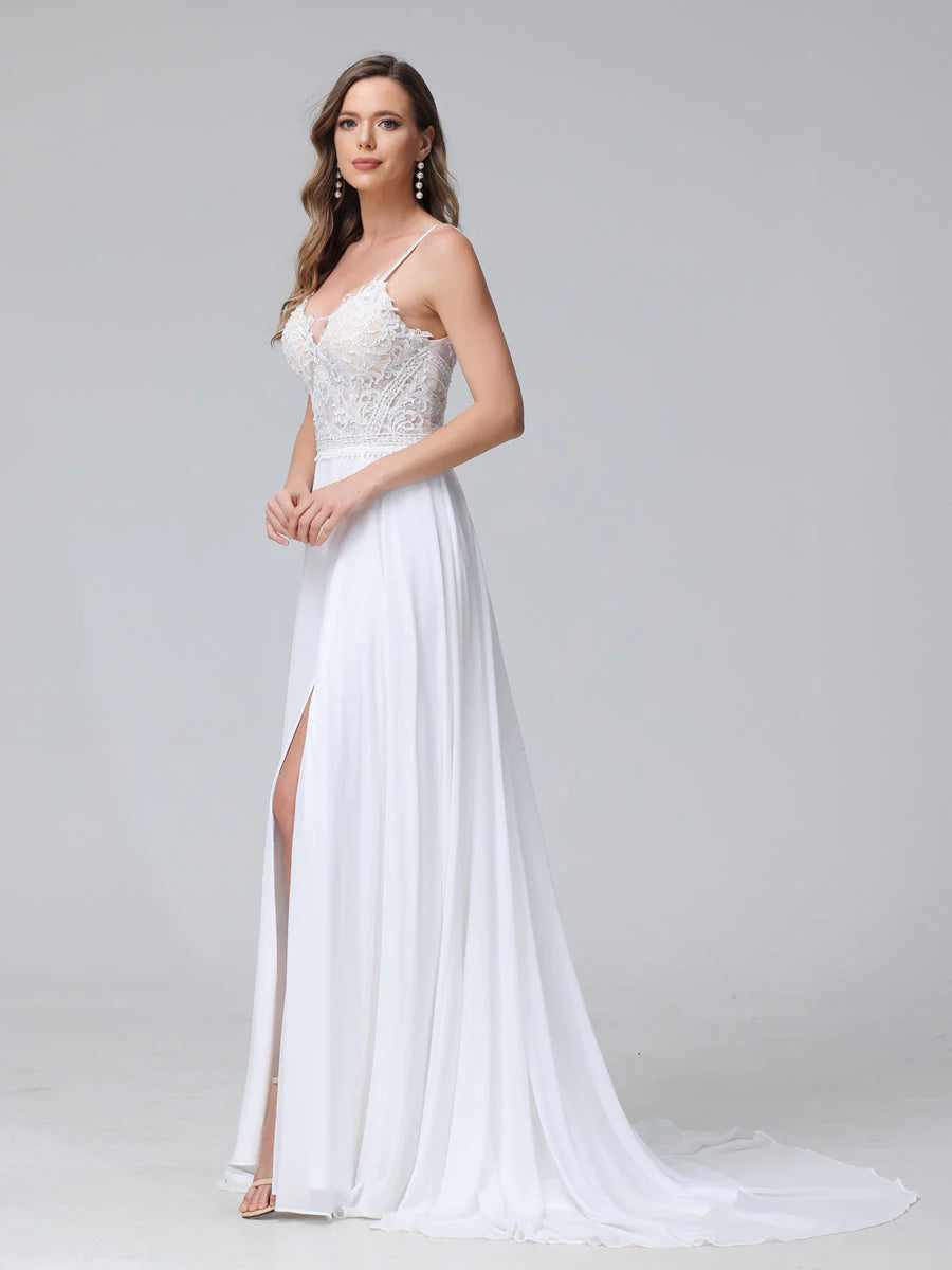 A-Line Spaghetti Straps V-Neck Sleeveless Long Chiffon Wedding Dresses With Applique Split Side