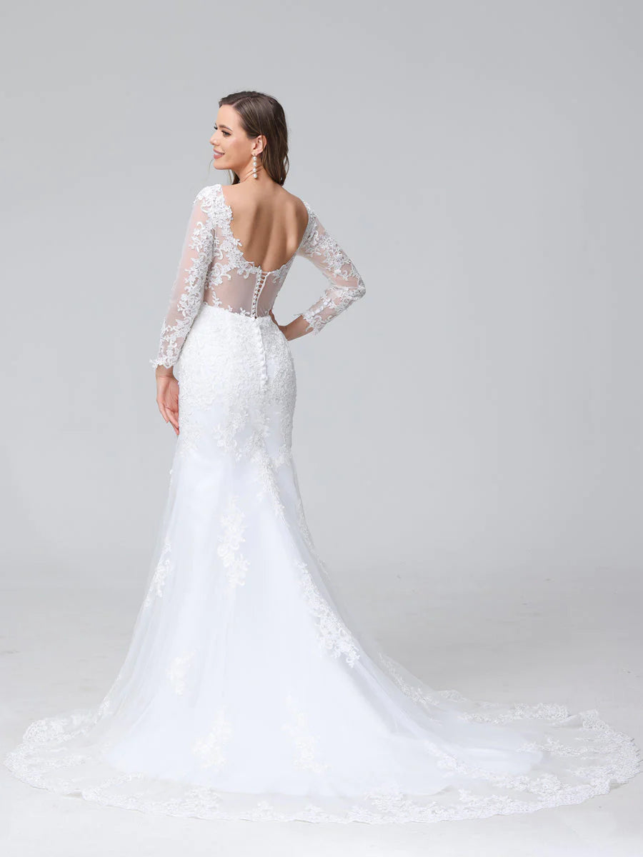 Trumpet/Mermaid V-Neck Long Sleeves Lace Wedding Dresses