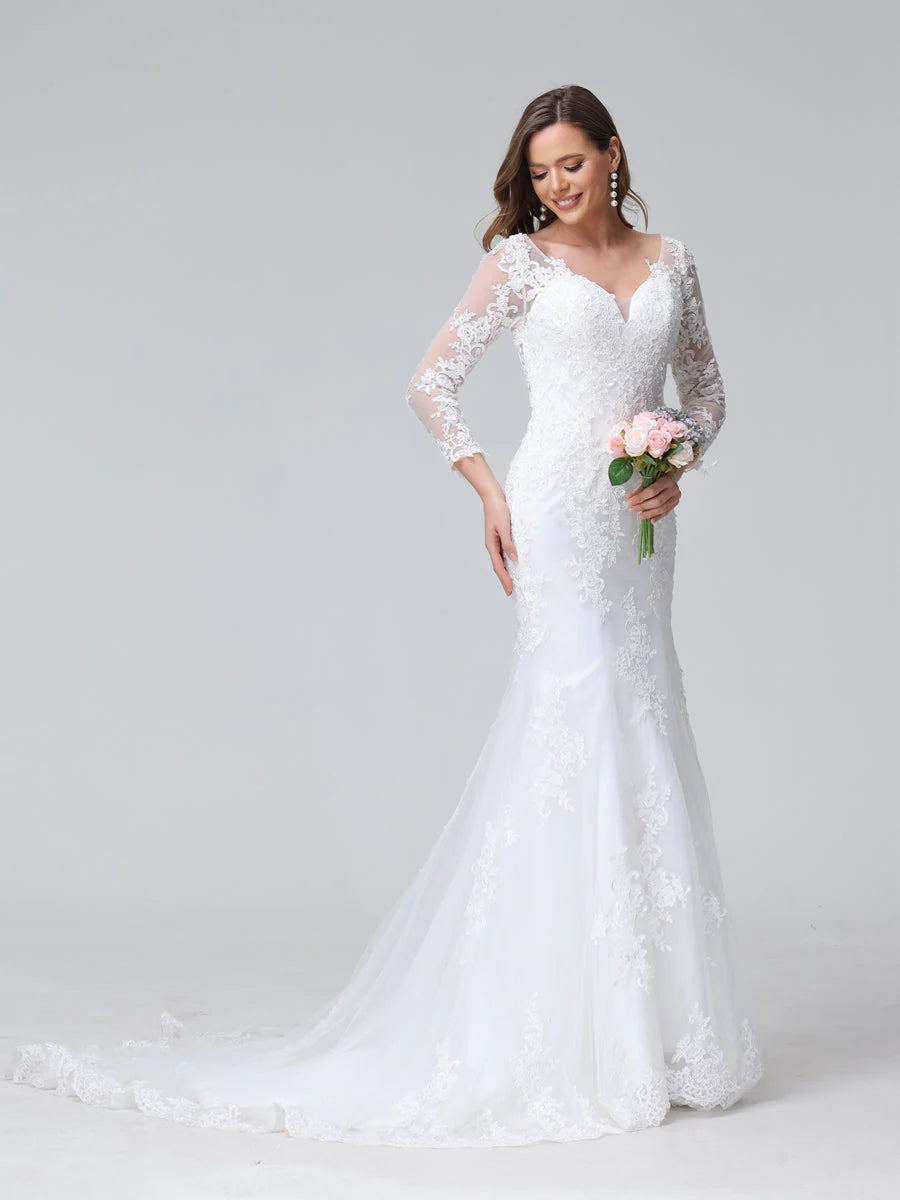 Trumpet/Mermaid V-Neck Long Sleeves Lace Wedding Dresses
