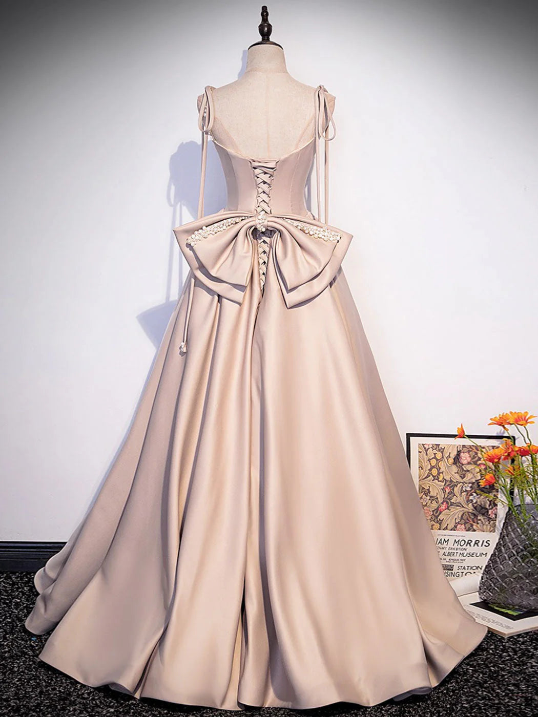 A-Line Satin Long Prom Dress Champagne Evening Dresses