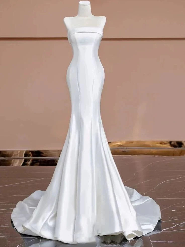 Mermaid Strapless Satin Long White Wedding Dresses
