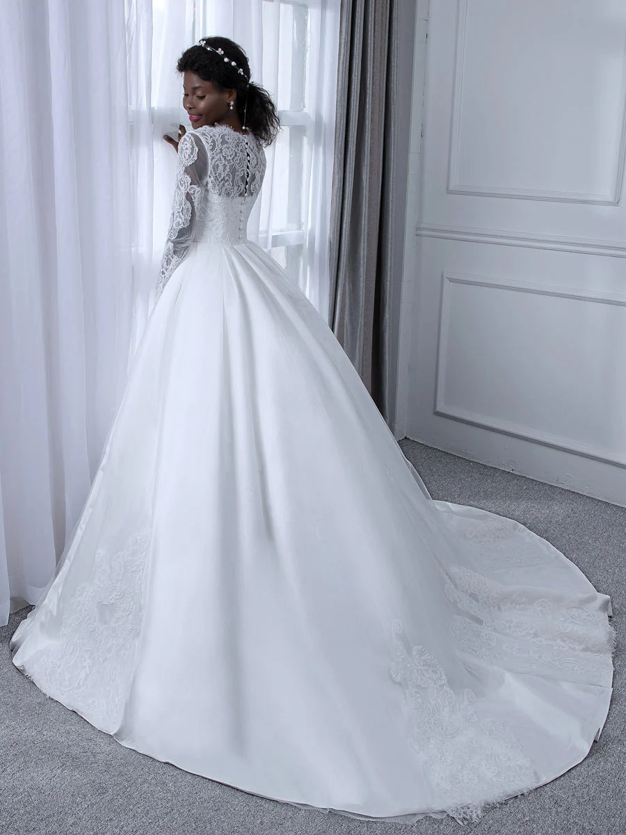 V-Neck Long Sleeves Lace Ball Gown Wedding Dresses With Appliques
