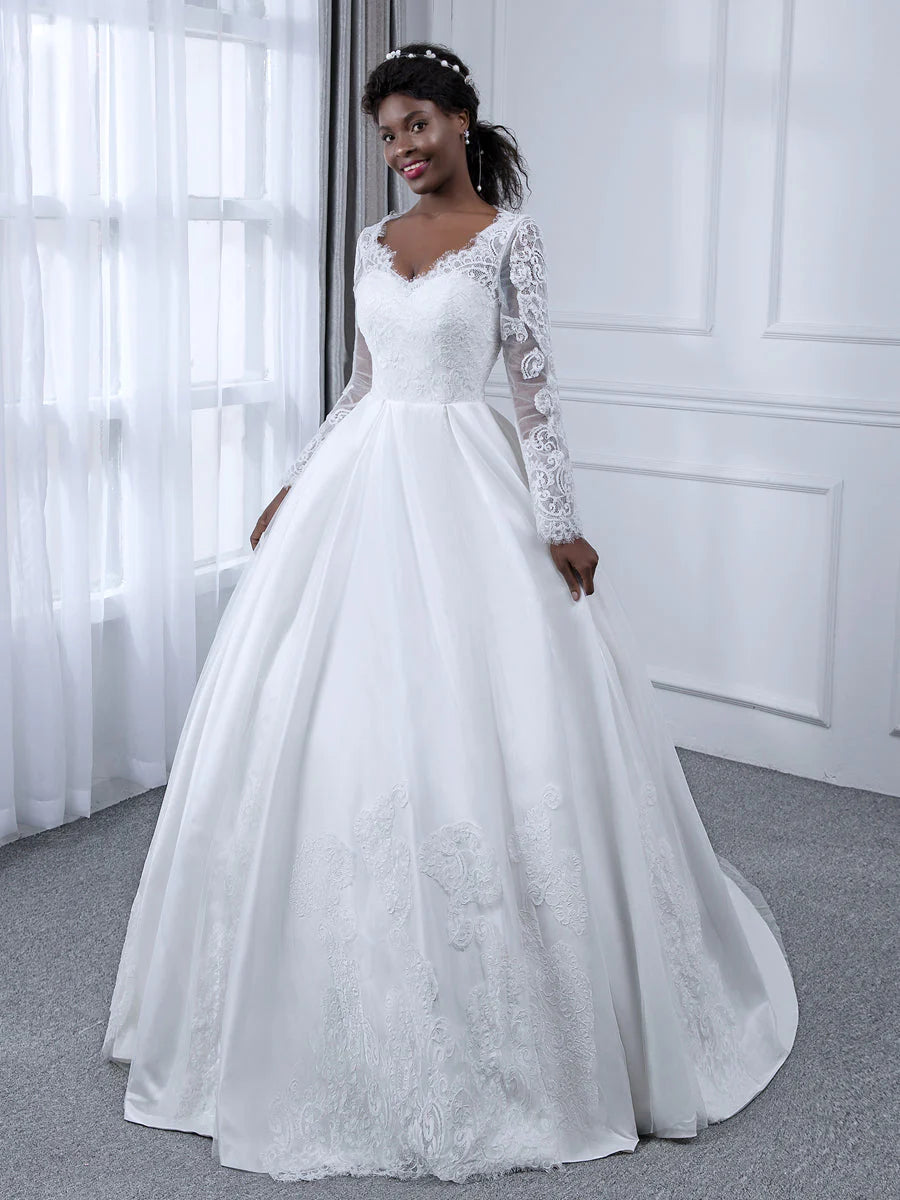 V-Neck Long Sleeves Lace Ball Gown Wedding Dresses With Appliques