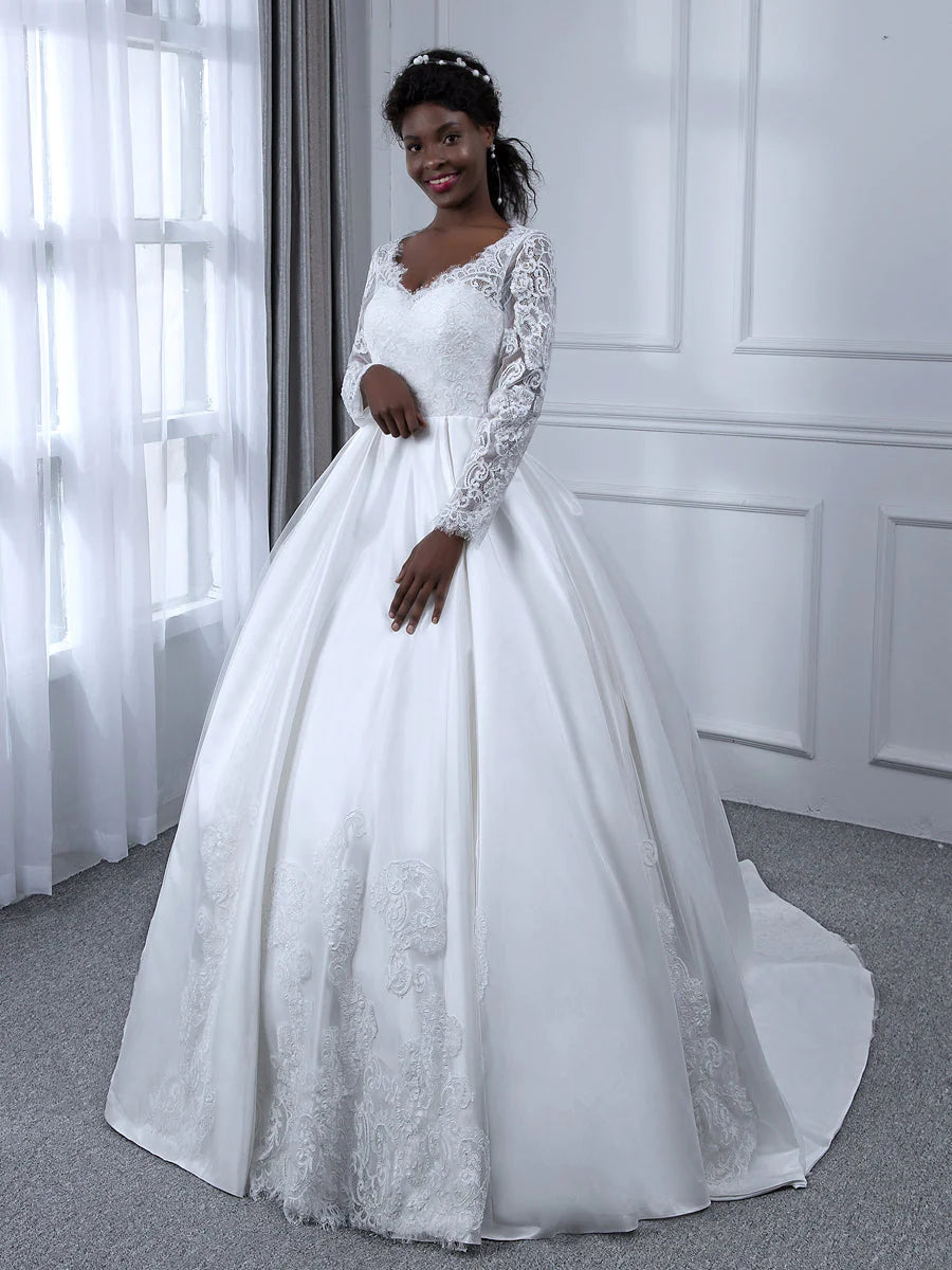 V-Neck Long Sleeves Lace Ball Gown Wedding Dresses With Appliques
