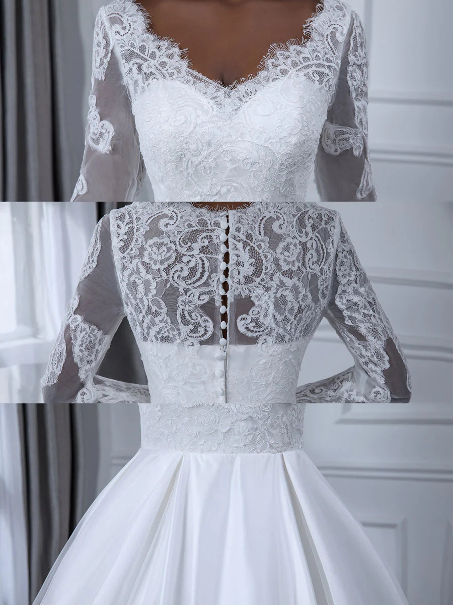 V-Neck Long Sleeves Lace Ball Gown Wedding Dresses With Appliques