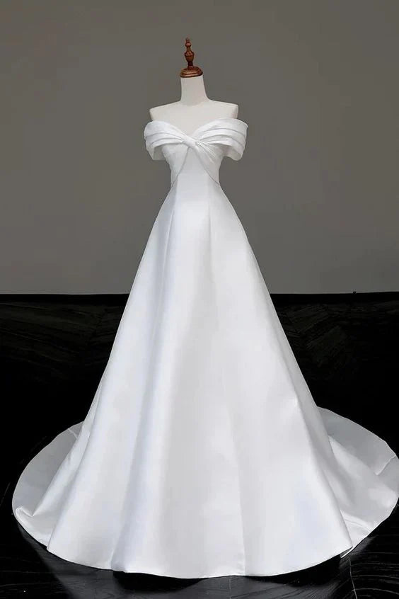 White Satin Long Prom Dress Off The Shoulder A Line Wedding Dress