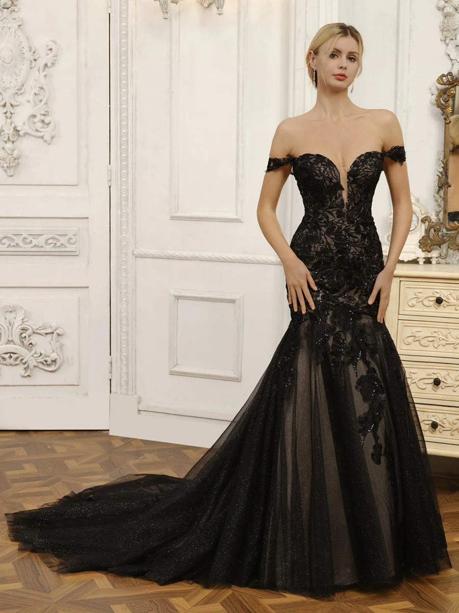 Off-The-Shoulder Tulle Mermaid Wedding Dresses With Appliques