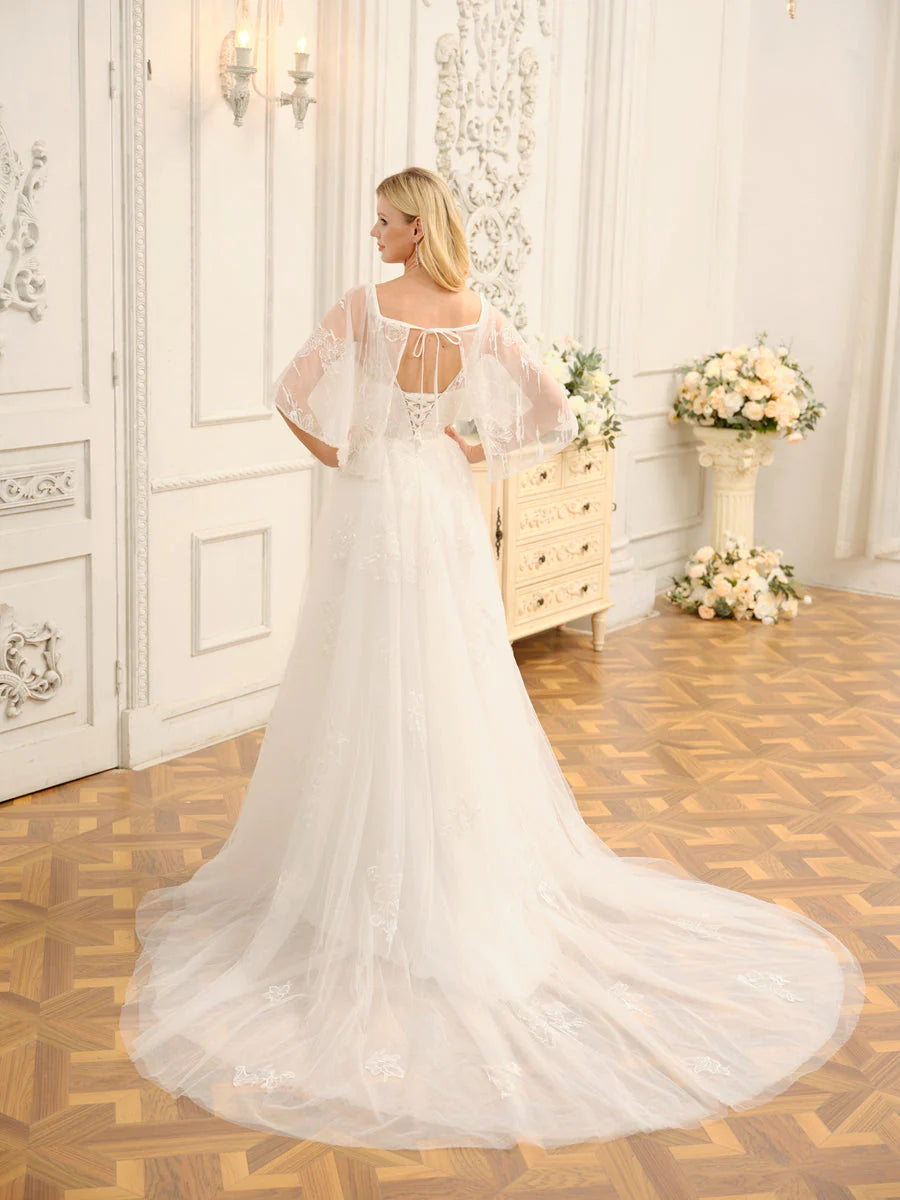A-Line/Princess V-Neck Half Sleeves Long Wedding Dresses With Appliques