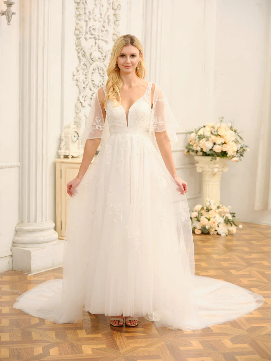 A-Line/Princess V-Neck Half Sleeves Long Wedding Dresses With Appliques