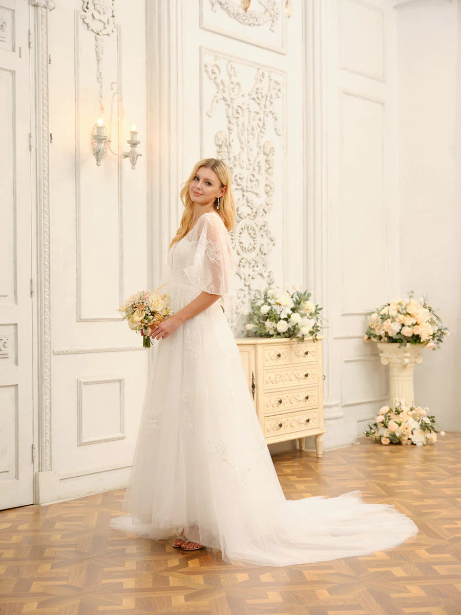 A-Line/Princess V-Neck Half Sleeves Long Wedding Dresses With Appliques