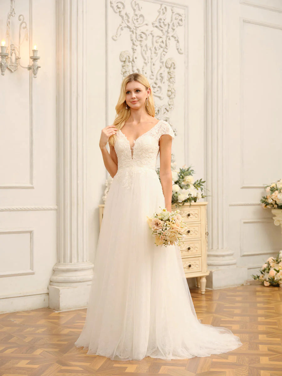 V-Neck Short Sleeves Long Wedding Dresses With Appliques