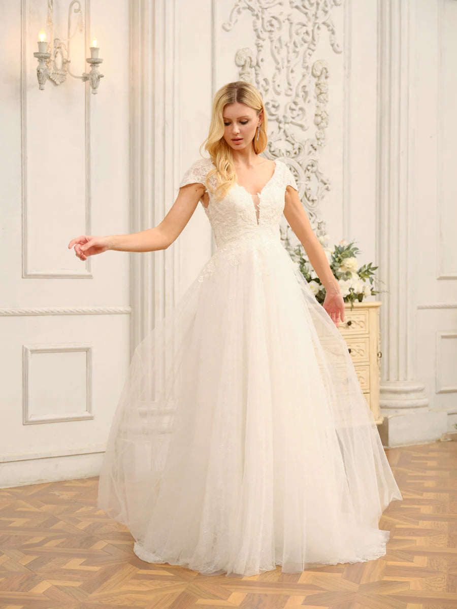 V-Neck Short Sleeves Long Wedding Dresses With Appliques