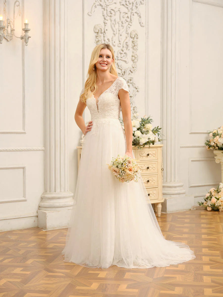 V-Neck Short Sleeves Long Wedding Dresses With Appliques