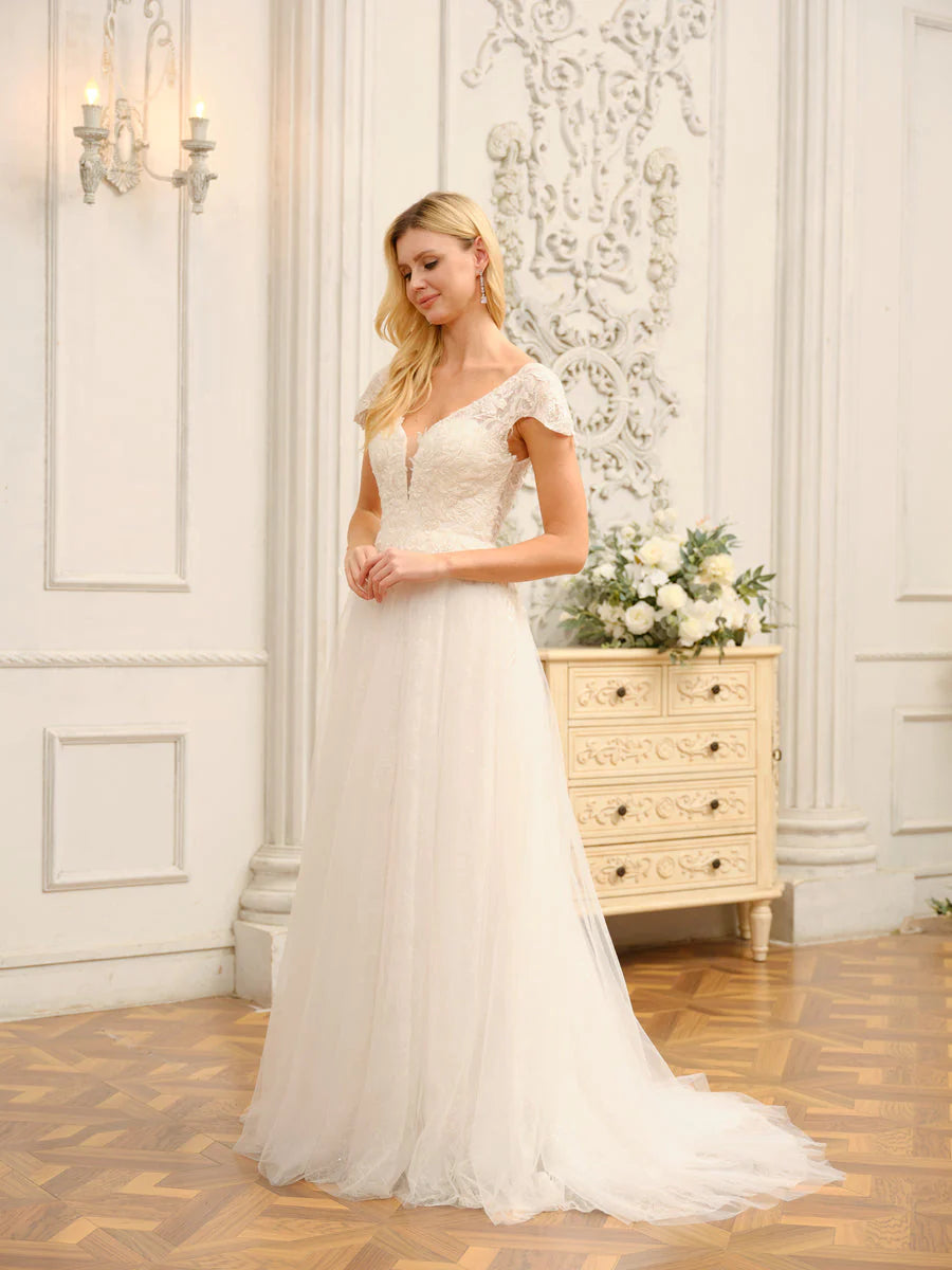 V-Neck Short Sleeves Long Wedding Dresses With Appliques