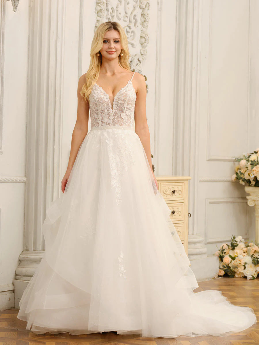 Spaghetti Straps V-Neck Sleeveless Long Wedding Dresses With Appliques
