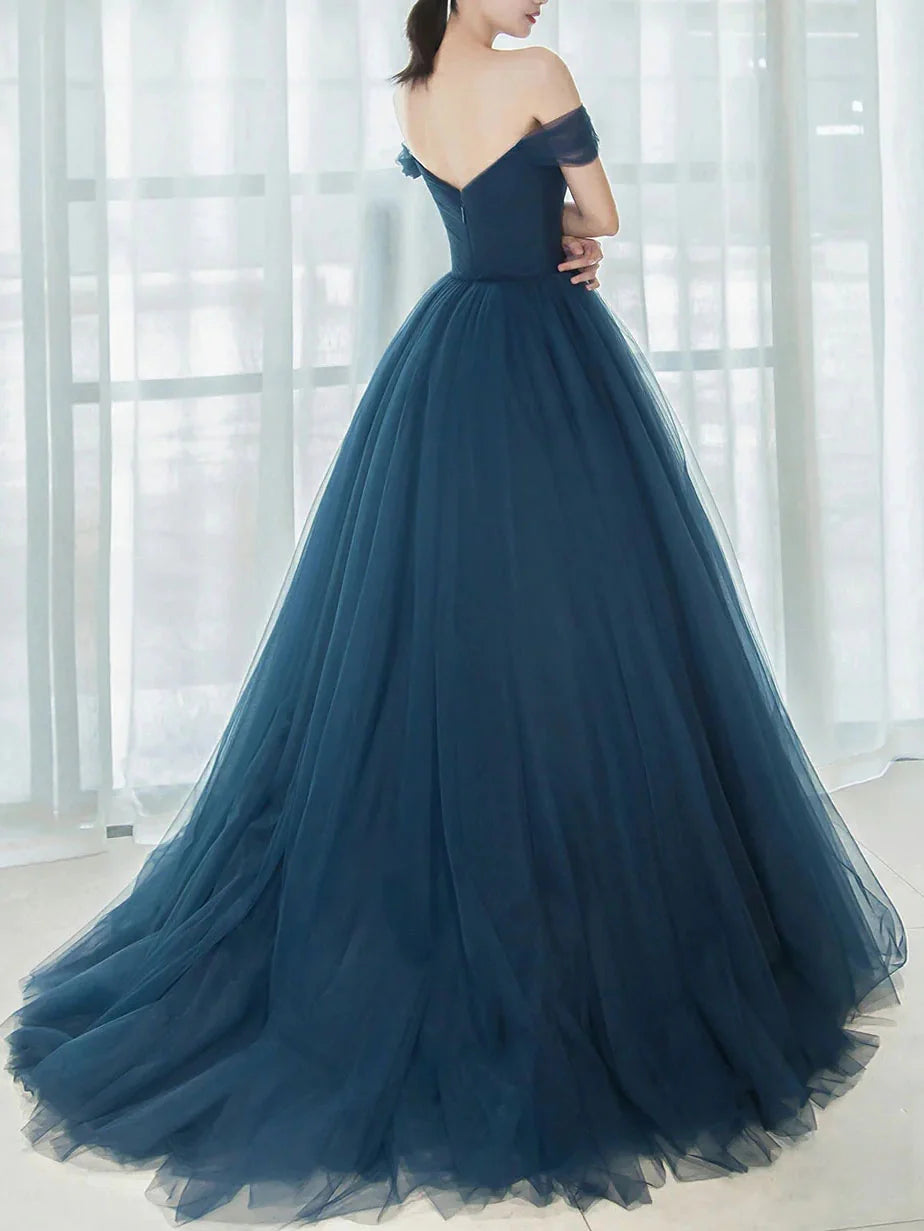Blue off Long Prom Dresses V Neck Tulle Bridesmaid Dresses
