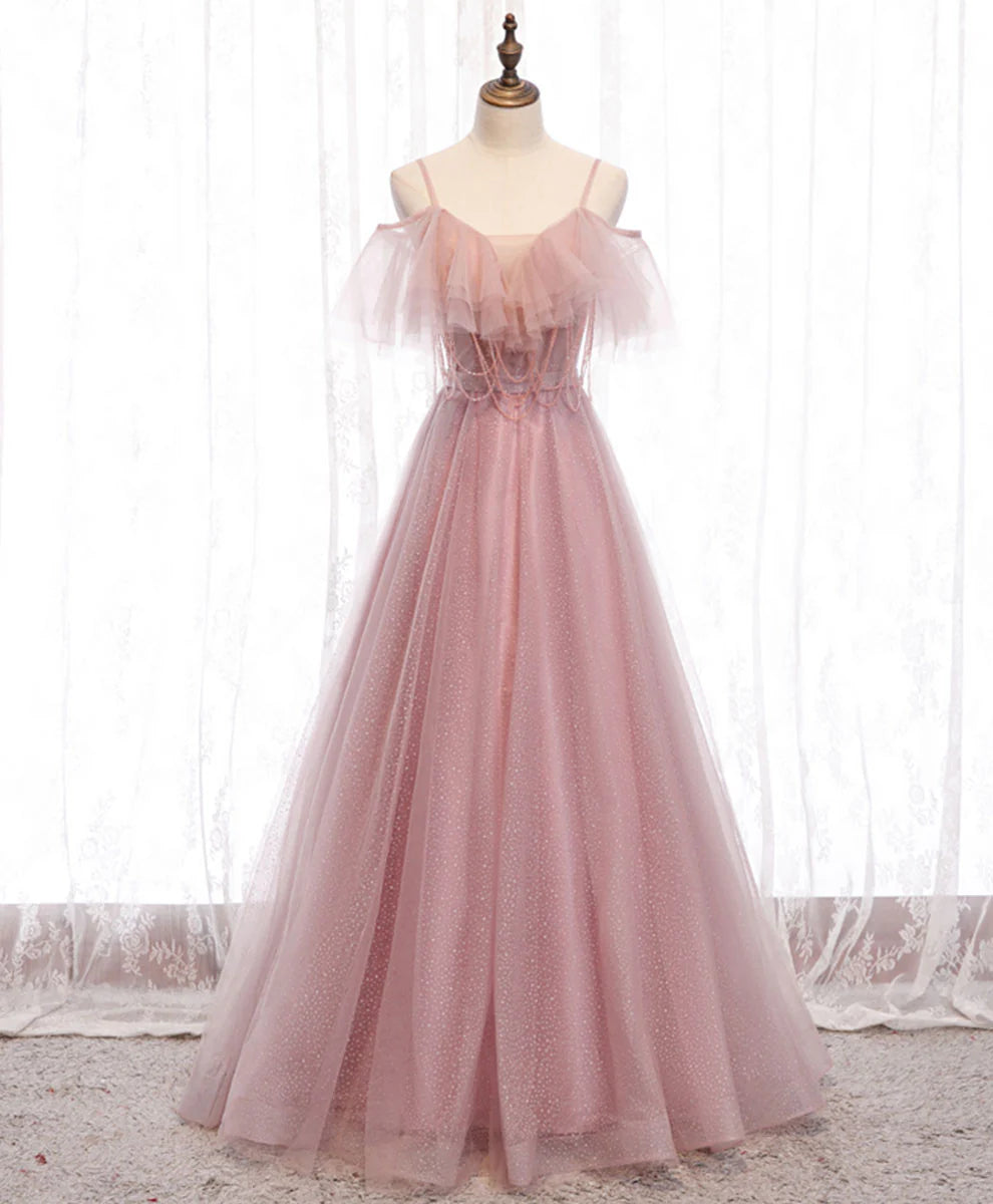 Sweetheart Tulle Long Prom Dress Pink Tulle Formal Dress