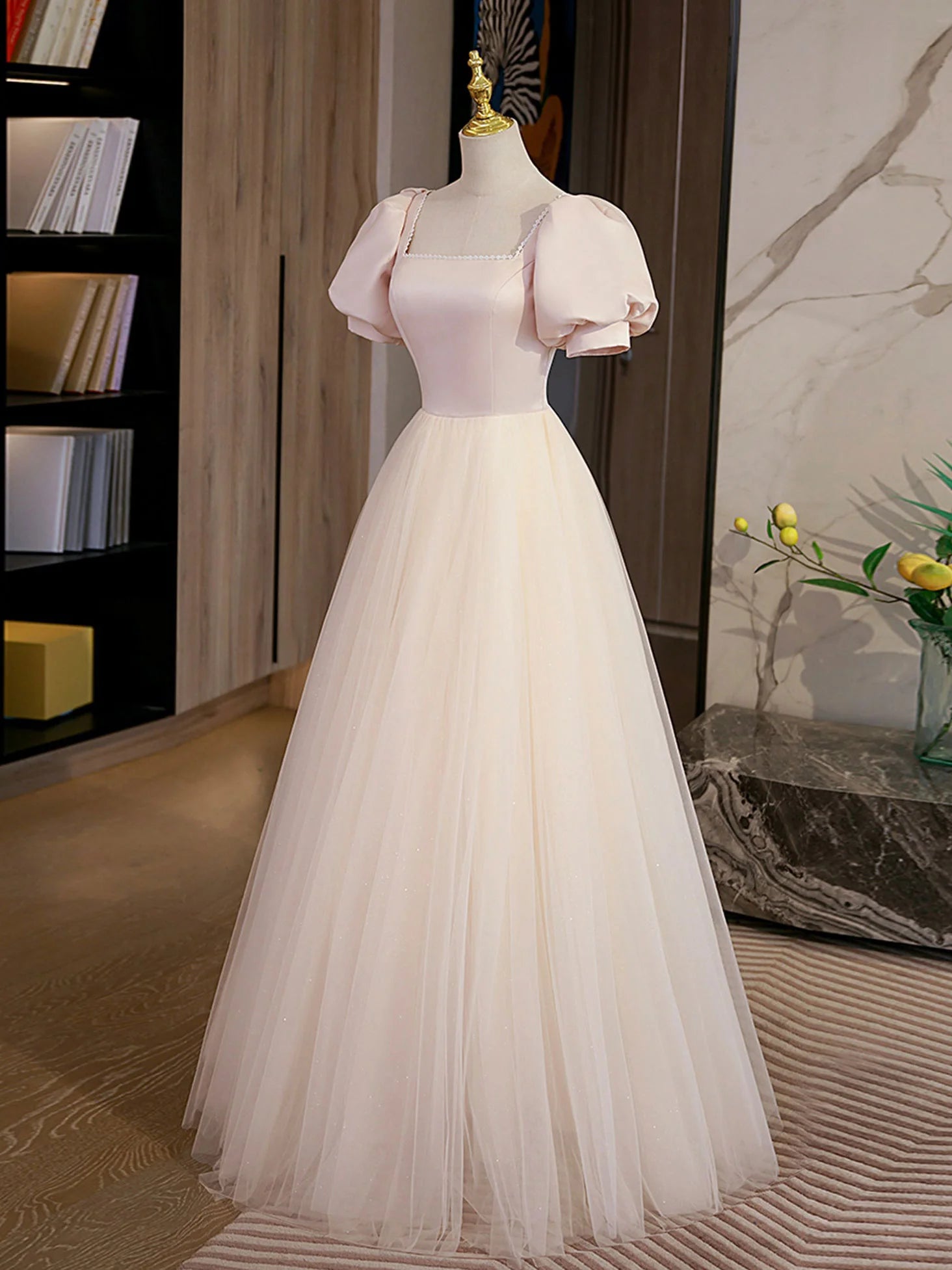 A Line Long Prom Dress Champagne Formal Graduation Dresses