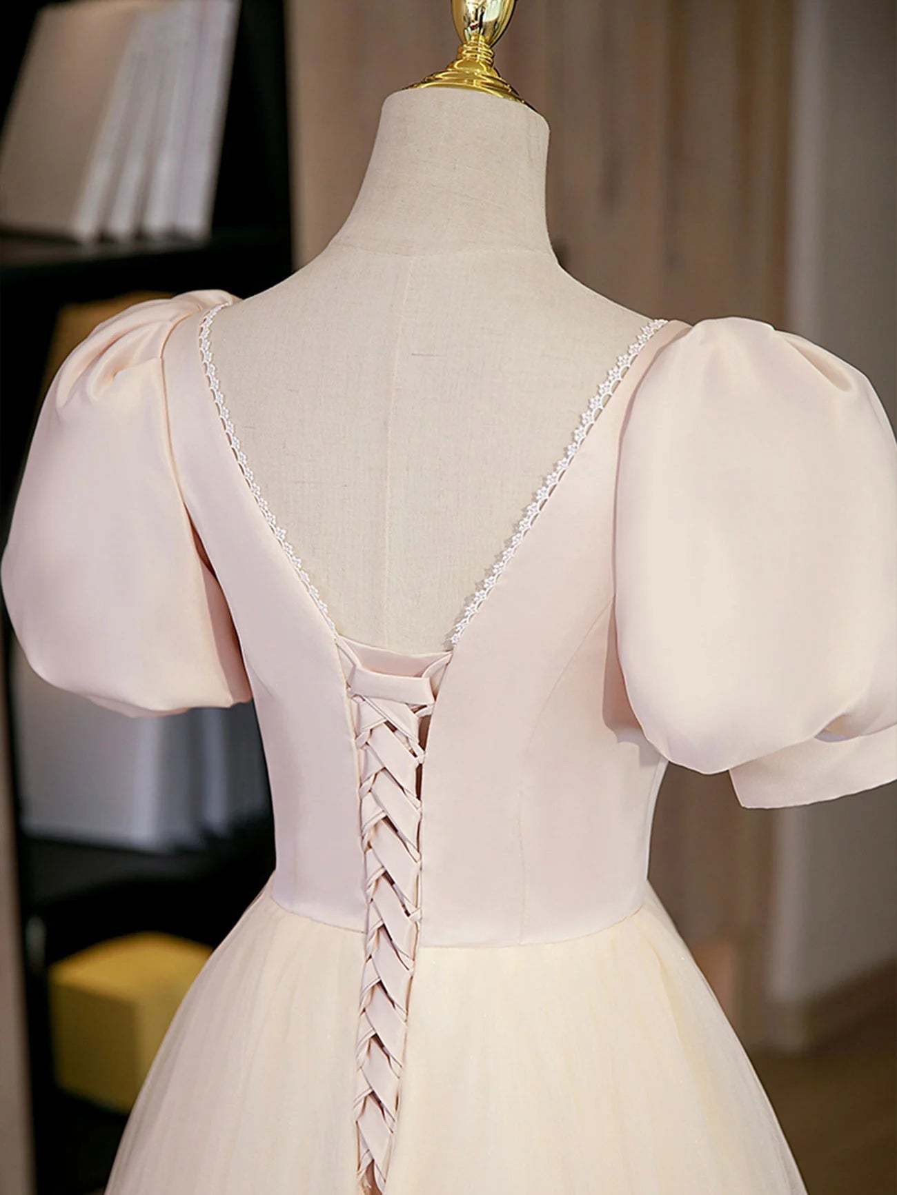 A Line Long Prom Dress Champagne Formal Graduation Dresses