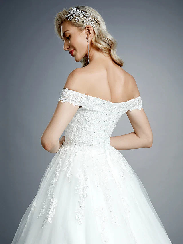 DingjiBall Gown Wedding Dresses Off Shoulder Court Train Lace Tulle Short Sleeve Romantic Sparkle & Shine with Beading Appliques