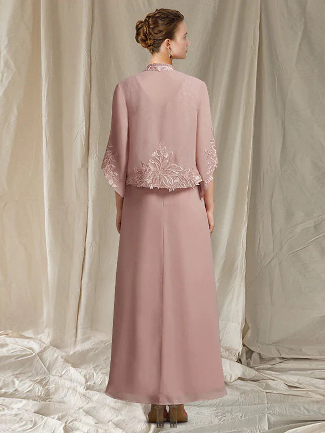 Mother of the Bride Dress Elegant Wrap Included V Neck Ankle Length Chiffon Lace Sleeveless with Beading Appliques