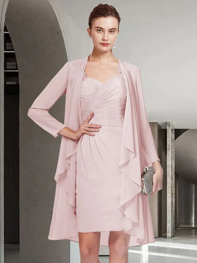 Mother of the Bride Dress Elegant Jewel Neck Short Mini Chiffon Long Sleeve with Lace Ruching