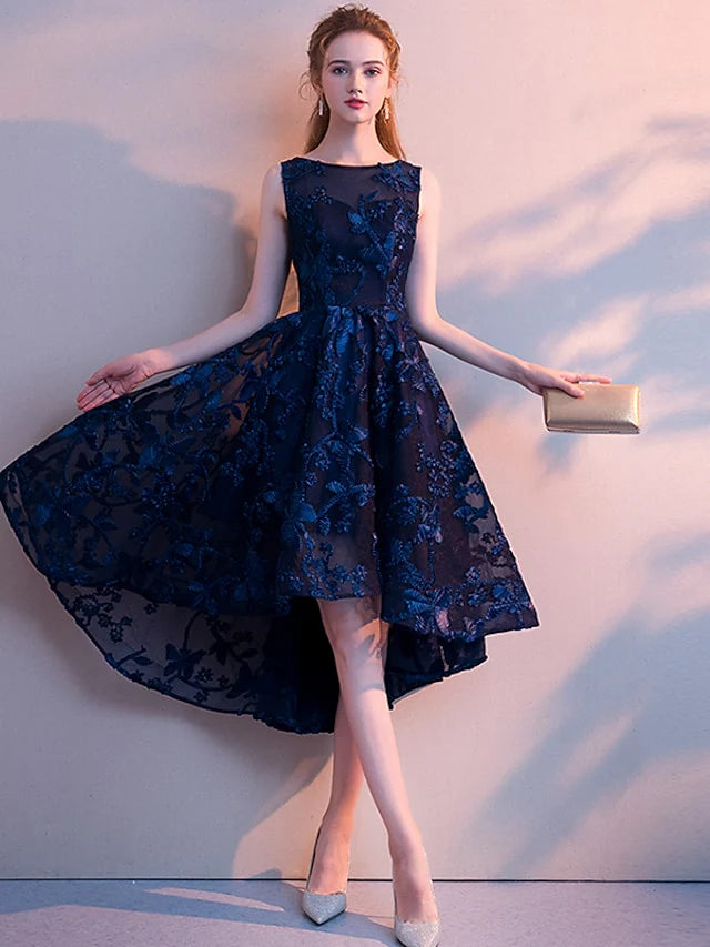 DingjiA-Line Minimalist Elegant Party Wear Cocktail Party Dress Jewel Neck Sleeveless Asymmetrical Tulle with Pleats Pattern Print