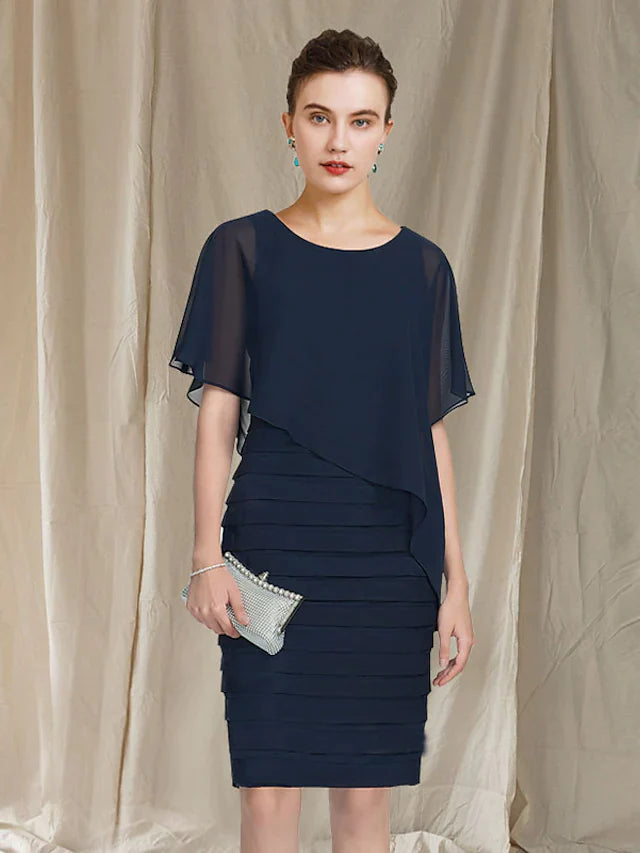 Mother of the Bride Dress Elegant Jewel Neck Knee Length Chiffon Sleeveless with Ruched Ruffles